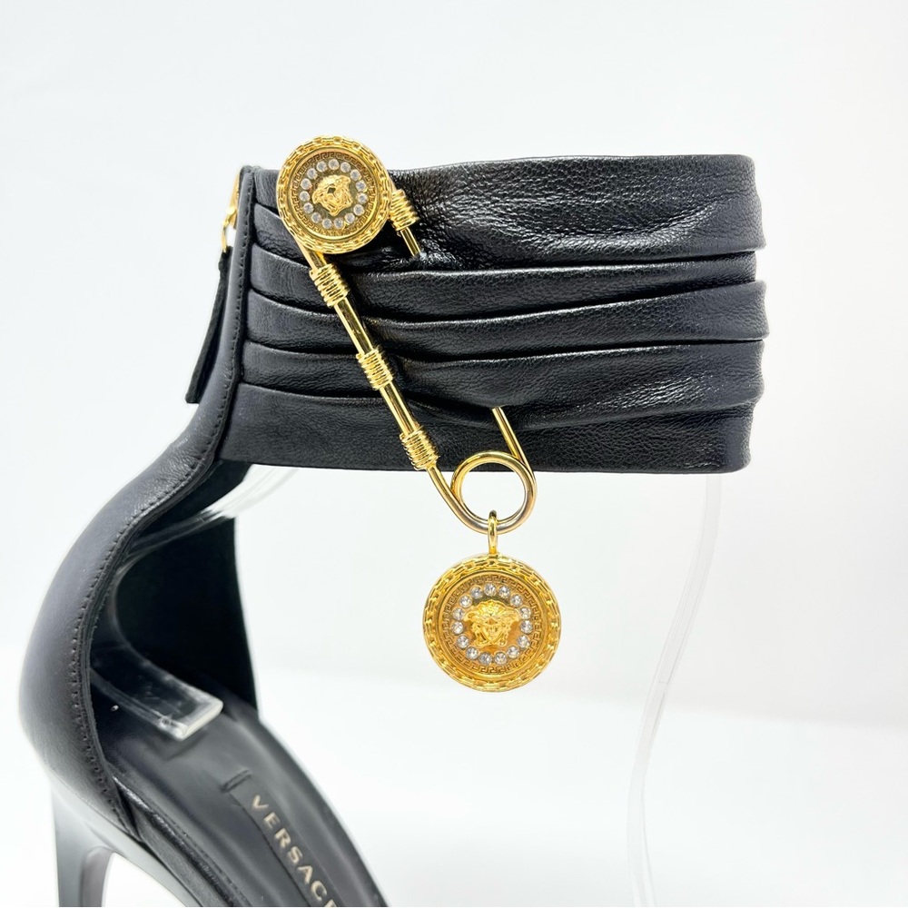 Versace Crystal La Medusa Safety Pin Sandals High Heels Shoes Black Gold 37 7 - Picture 4 of 10